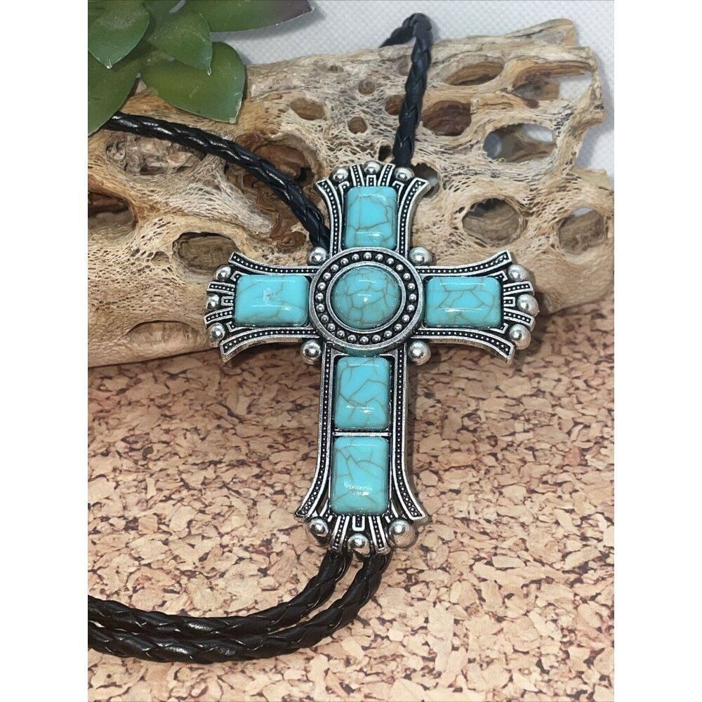 Large Cross  Turquoise Silver Lariat Bolo Tie Western Cowgirl Cowboy Southwest